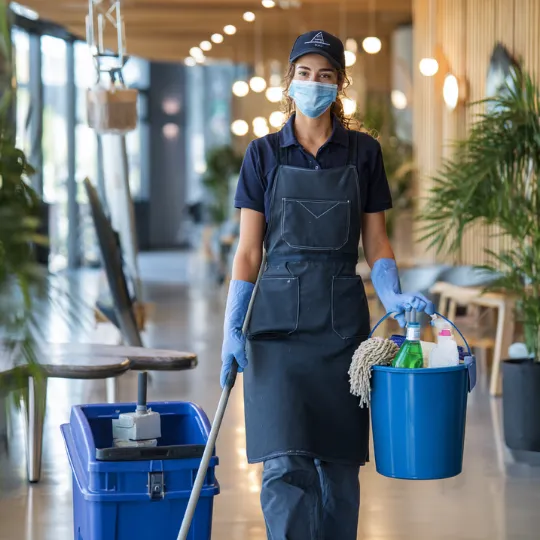 Janitor wearing a face mask, gloves, and apron holding a mop and a bucket with cleaning supplies in a modern indoor space.