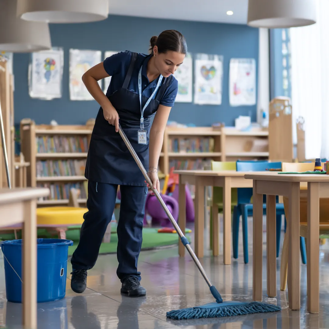 Woman wearing navy uniform mopping the floor in a brightly lit classroom with colorful chairs and children's artwork on the walls.