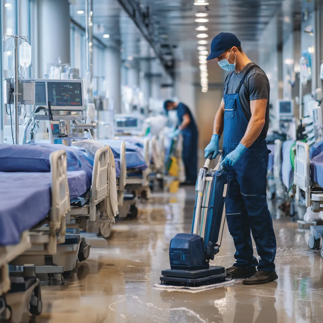 Janitor wearing mask and gloves cleaning and polishing hospital floor with a floor scrubber in a patient ward.