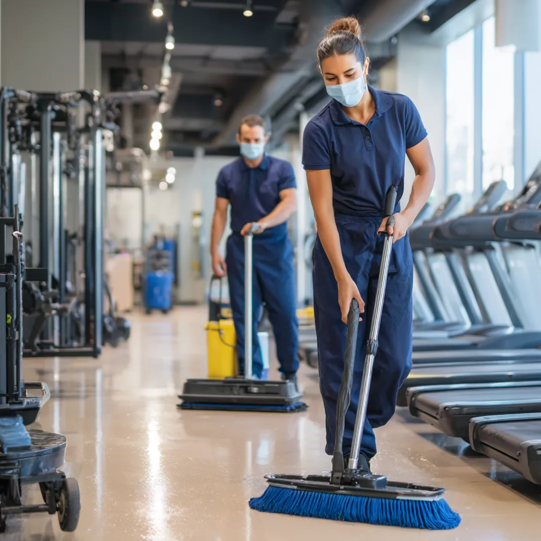 Two masked janitors in navy uniforms cleaning the floor in a gym with exercise equipment and treadmills.