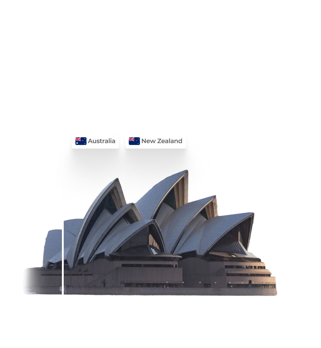 Sydney Opera House in Australia with overlaid buttons labeled Australia and New Zealand featuring their flags.