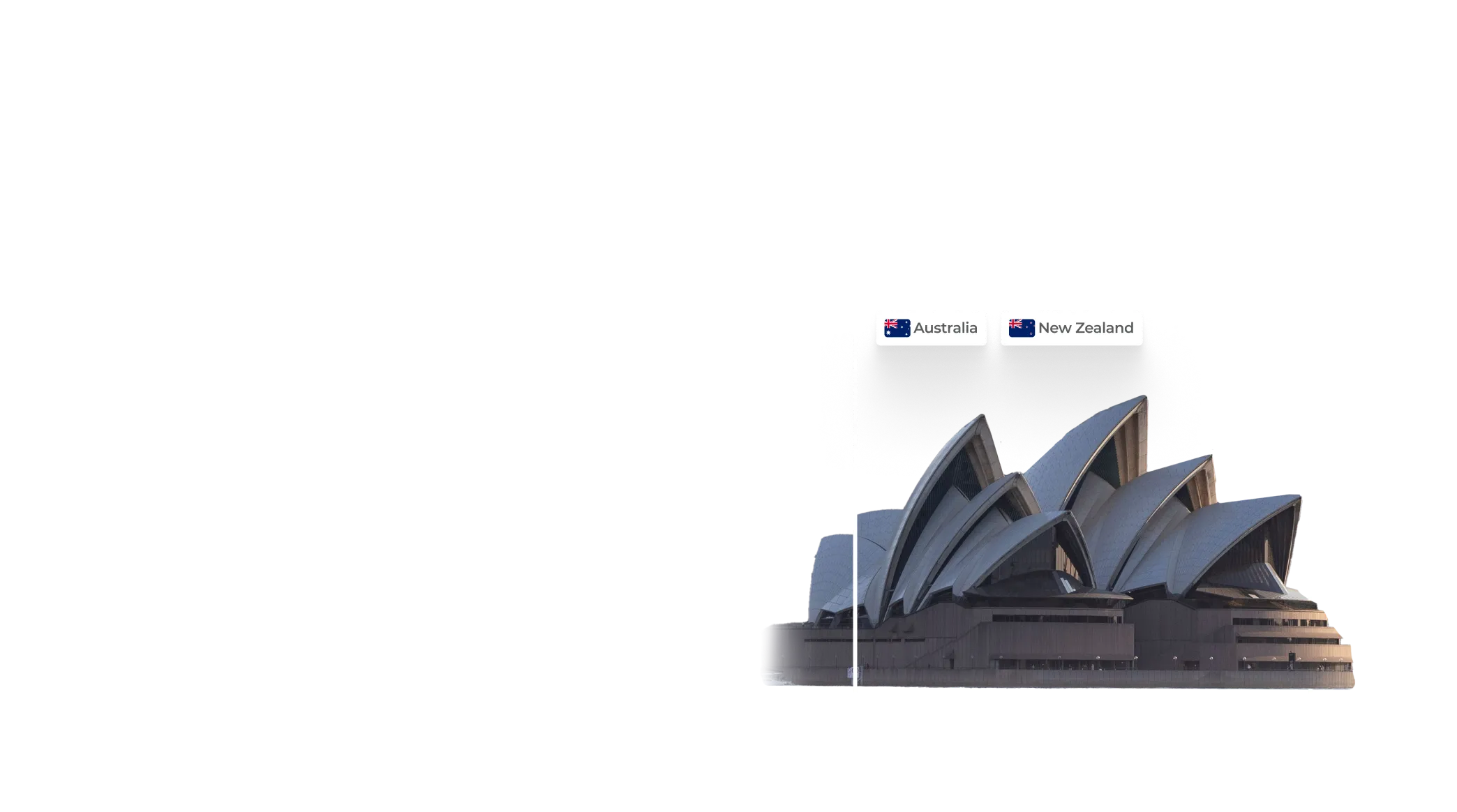 Sydney Opera House with Australia and New Zealand flags and labels above it.
