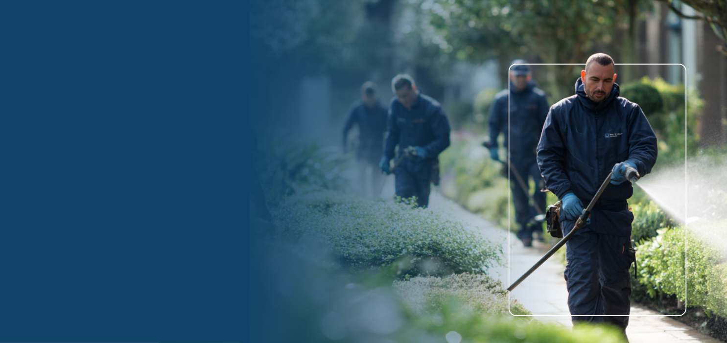 Worker wearing blue uniform and gloves watering plants with a hose along a pathway, with two other workers in the background.