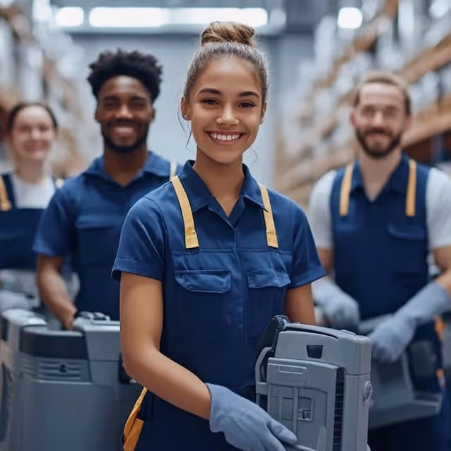 Four warehouse workers wearing blue uniforms and gloves, smiling and holding equipment inside a storage facility.