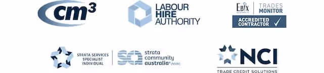 Logos of CM3, Labour Hire Authority, Ebix Trades Monitor Accredited Contractor, Strata Services Specialist Individual, Strata Community Australia, and NCI Trade Credit Solutions.