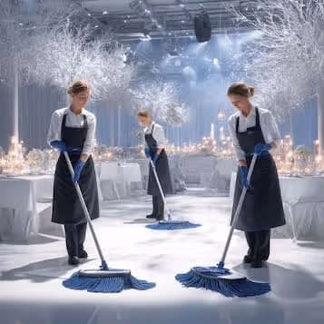 Three people in black aprons mopping a white floor in an elegant, winter-themed event venue with white decorations and candlelit tables.
