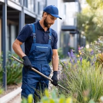 Gardener in blue overalls and cap tending to plants with a gardening tool outdoors.