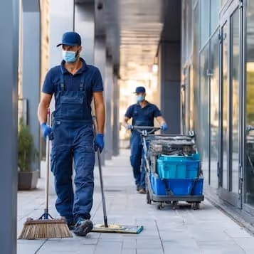 Two janitors wearing blue uniforms and face masks cleaning a modern building's outdoor walkway with brooms and cleaning supplies.