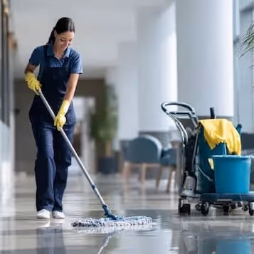 Woman wearing gloves mopping a shiny floor in a modern indoor space next to a cleaning cart with supplies.