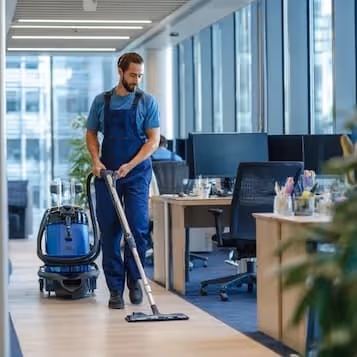 Man in blue uniform vacuuming the floor in a modern office with desks and chairs.