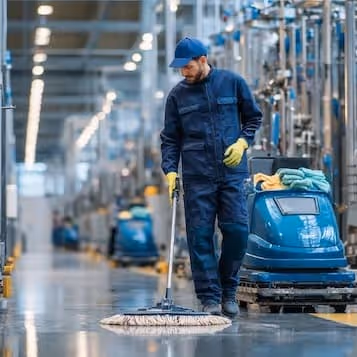 Worker in blue uniform cleaning a shiny industrial floor with a mop in a large manufacturing facility.