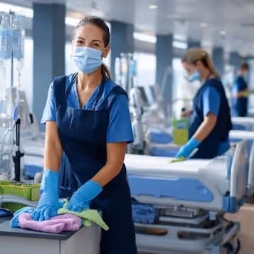 Two healthcare workers wearing masks and gloves cleaning hospital beds in a medical facility.