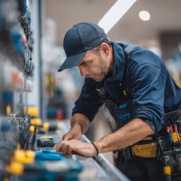 Man in a navy cap and work uniform fixing equipment with tools in a workshop.