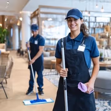 Two smiling janitors in blue uniforms cleaning a modern indoor space with mops.