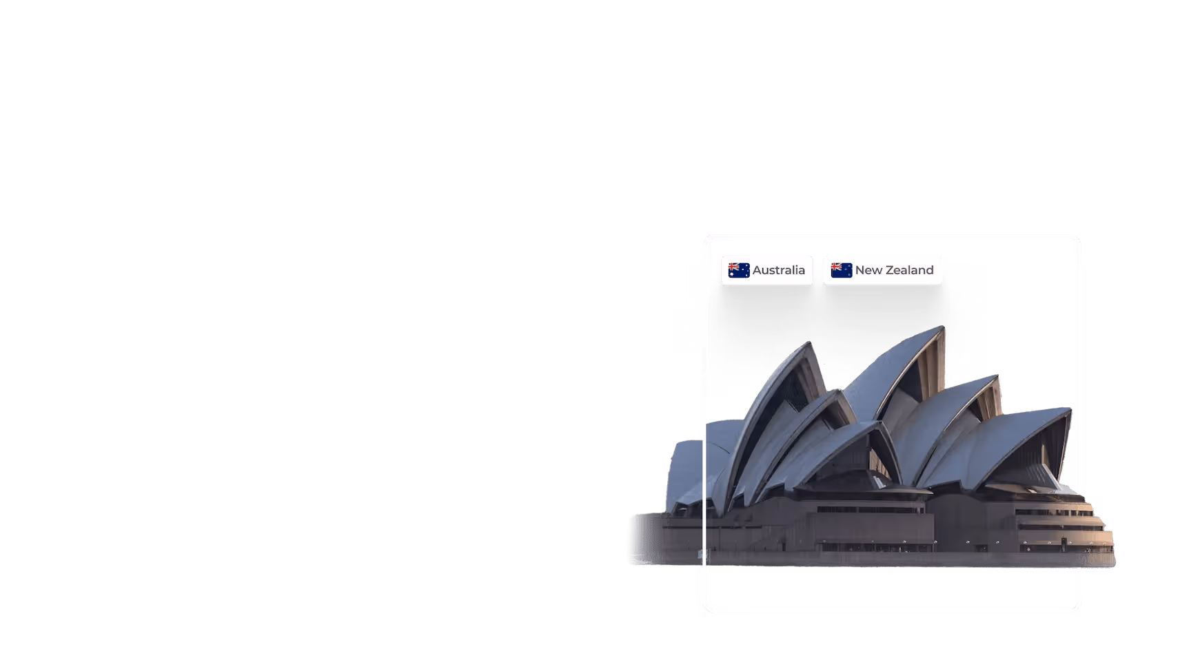 Sydney Opera House with labels showing Australia and New Zealand flags.