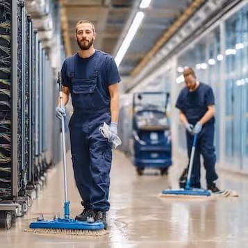Two janitors cleaning a polished floor in a modern server room with large racks and bright overhead lighting.