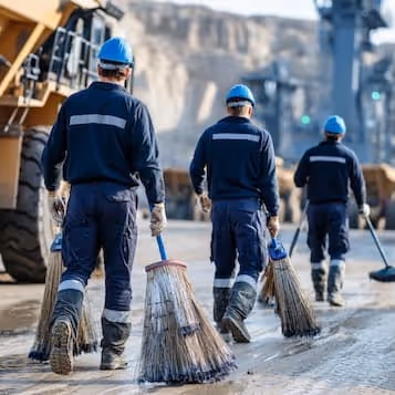 Three workers in blue uniforms and helmets sweeping a large outdoor industrial area.