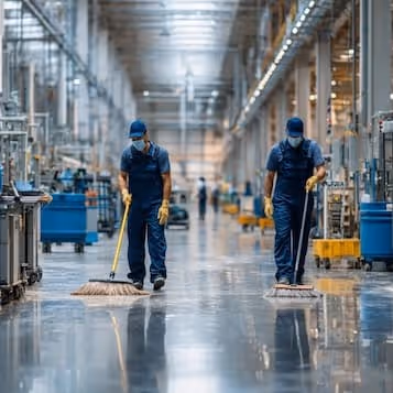 Two workers wearing masks and gloves cleaning a shiny factory floor with large mops.