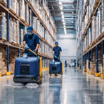Two workers wearing masks operating floor cleaning machines in a large warehouse aisle between tall shelves stacked with boxes.