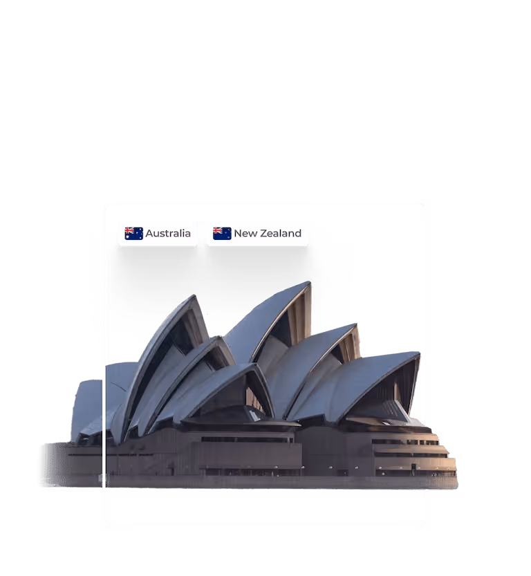 Sydney Opera House with flags and labels for Australia and New Zealand above it.