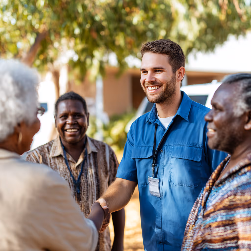 A smiling man in a blue shirt shakes hands outdoors with an older woman, while two other people watch and smile.