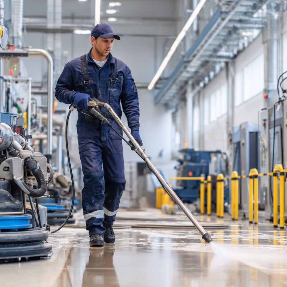Worker in blue uniform and cap using a floor cleaning machine in an industrial facility.