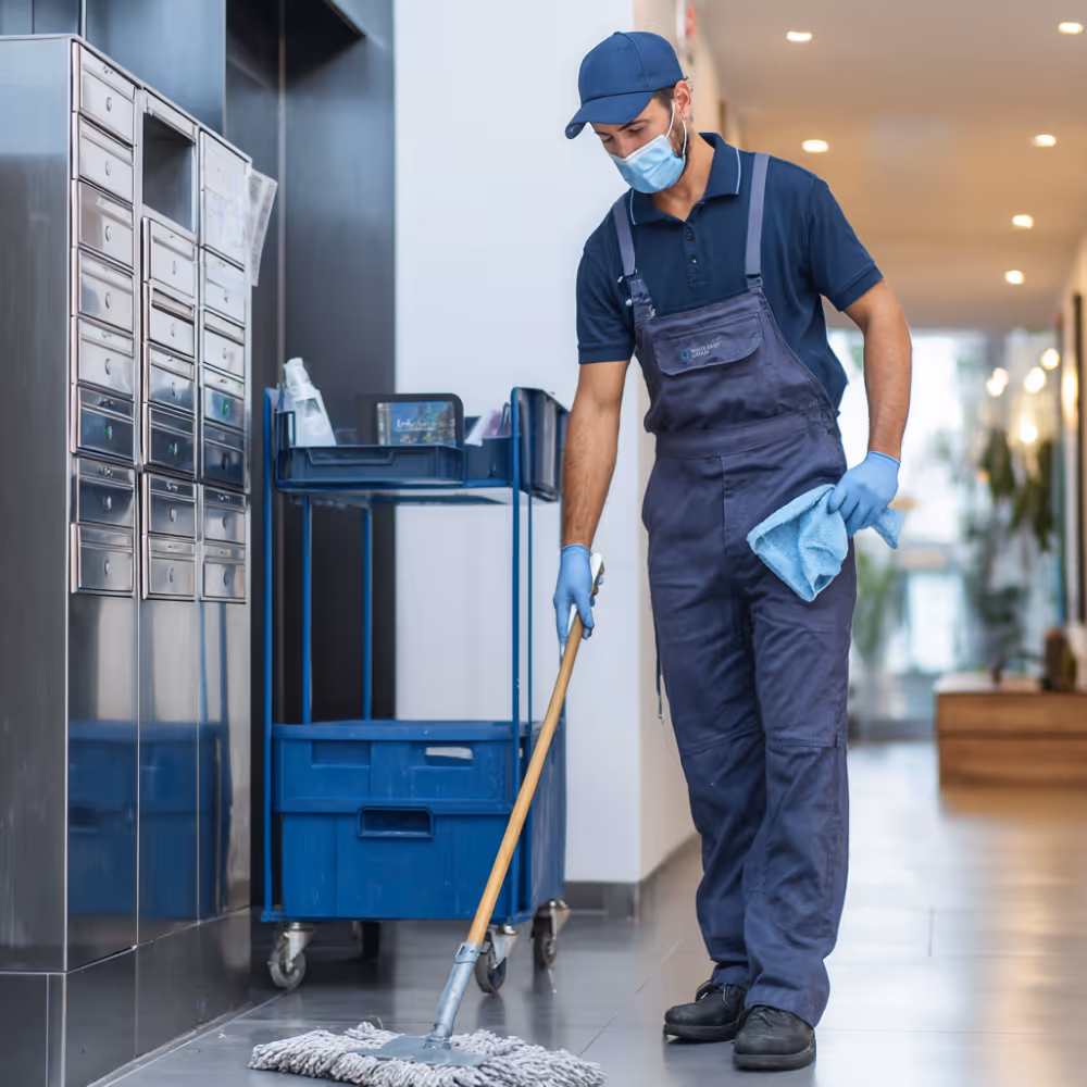 Male janitor wearing a blue uniform, face mask, and gloves mopping a clean hallway floor.