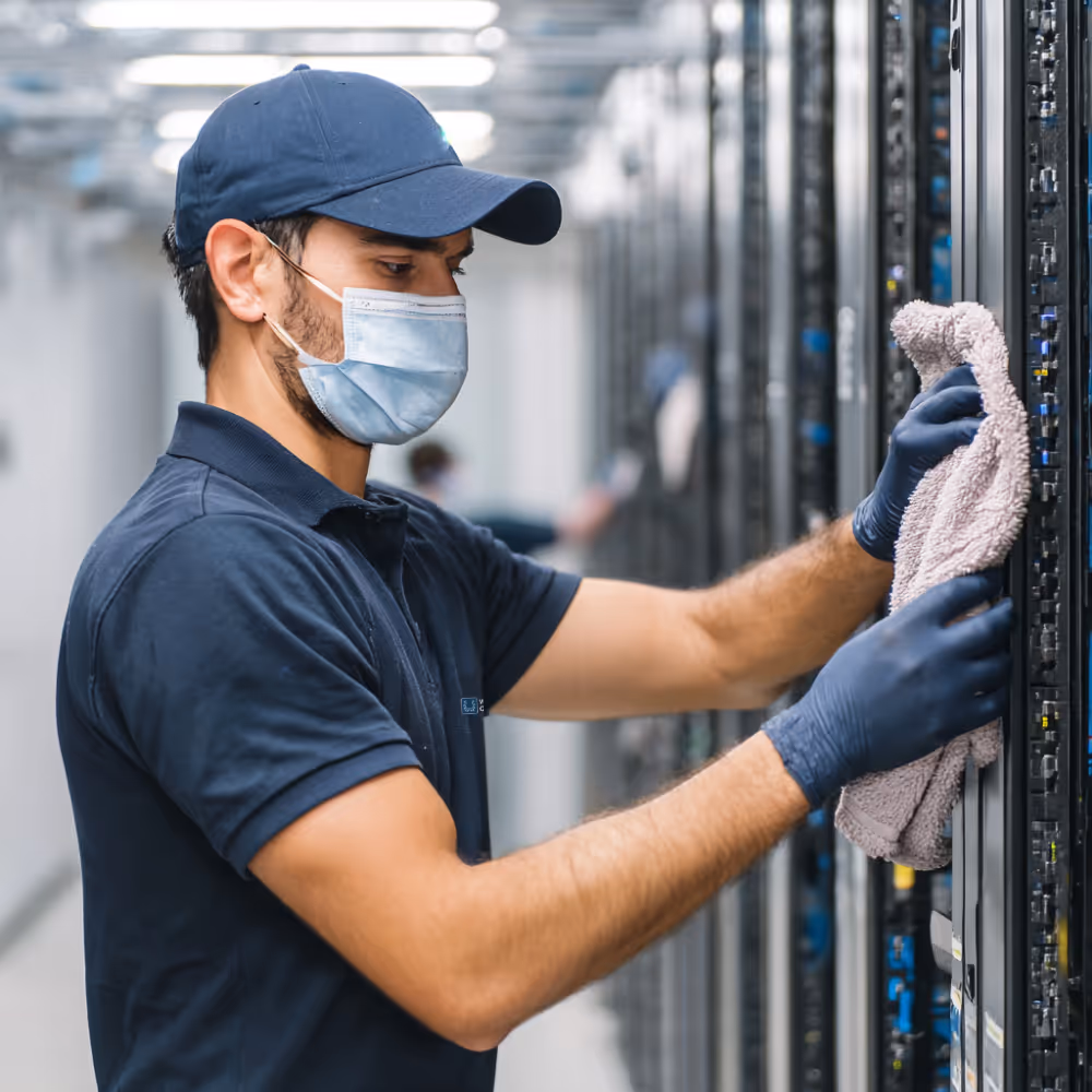 Technician wearing a face mask and glove cleaning a server rack in a data center.