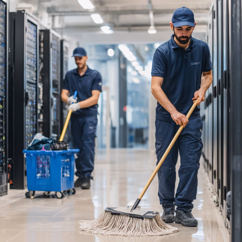 Two janitors wearing navy uniforms cleaning the floor inside a data center with server racks.