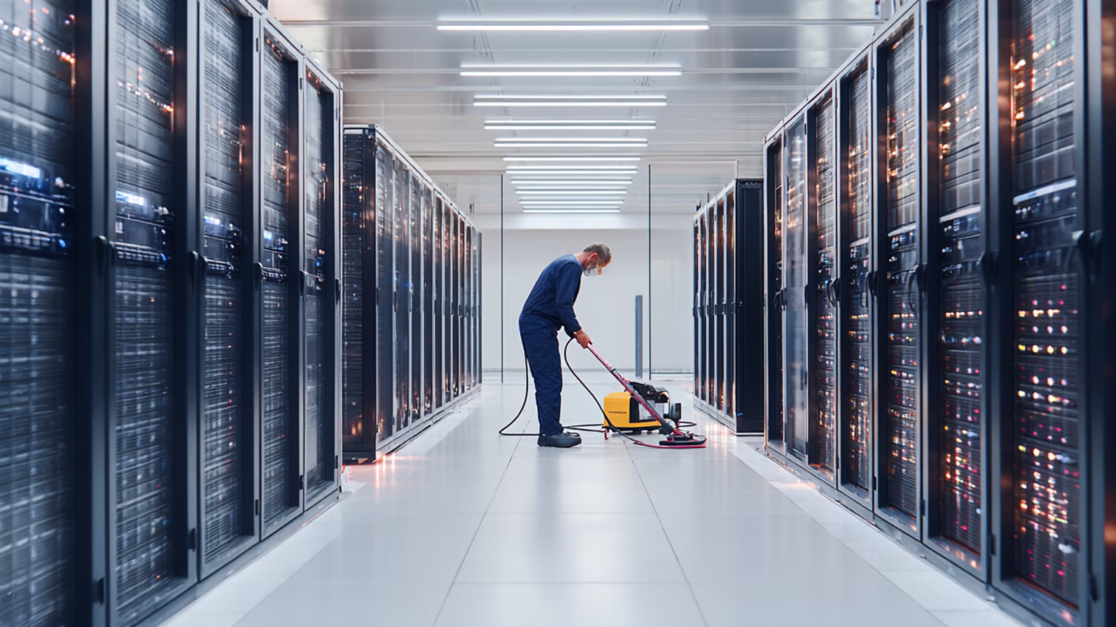 Technician wearing mask cleaning the floor with a machine between rows of server racks in a data center.