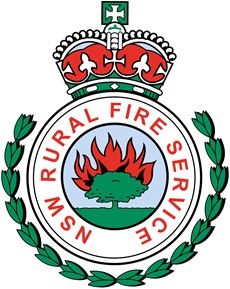 NSW Rural Fire Service emblem with a crown, green laurel wreath, and a burning tree in the center.