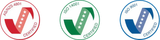 Three certification badges for ANSI Z4901, ISO 14001, and ISO 9001 in red, green, and blue.