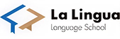 La Lingua Language School logo with stylized blue and brown speech bubbles.