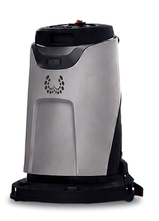 Silver and black commercial floor cleaning machine with control panel on top.