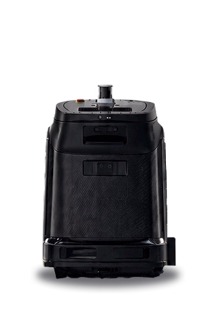 Black robotic device with a handle and sensors on top, designed for indoor use.