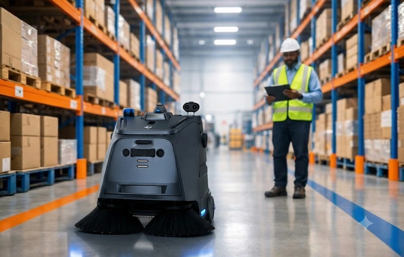 Warehouse floor cleaning robot operating with worker in safety vest using a tablet nearby.