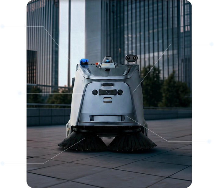 Front view of a modern autonomous outdoor cleaning robot with twin rotating brushes on tiled pavement.