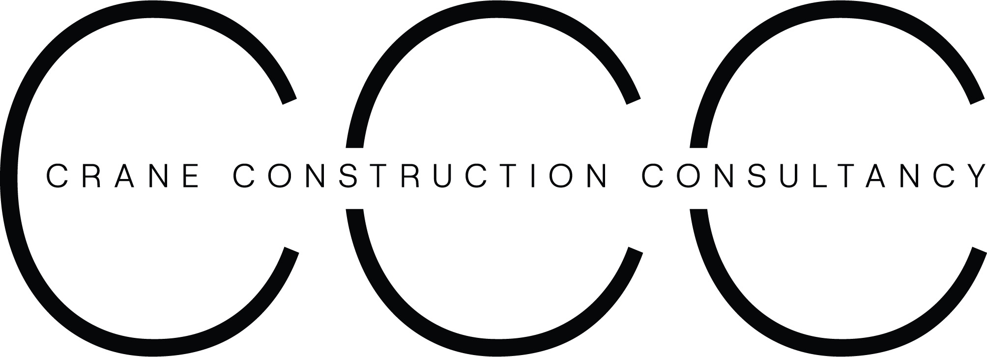 Logo of Crane Construction Consultancy featuring three large black letter Cs with the company name spelled out horizontally across the centers.