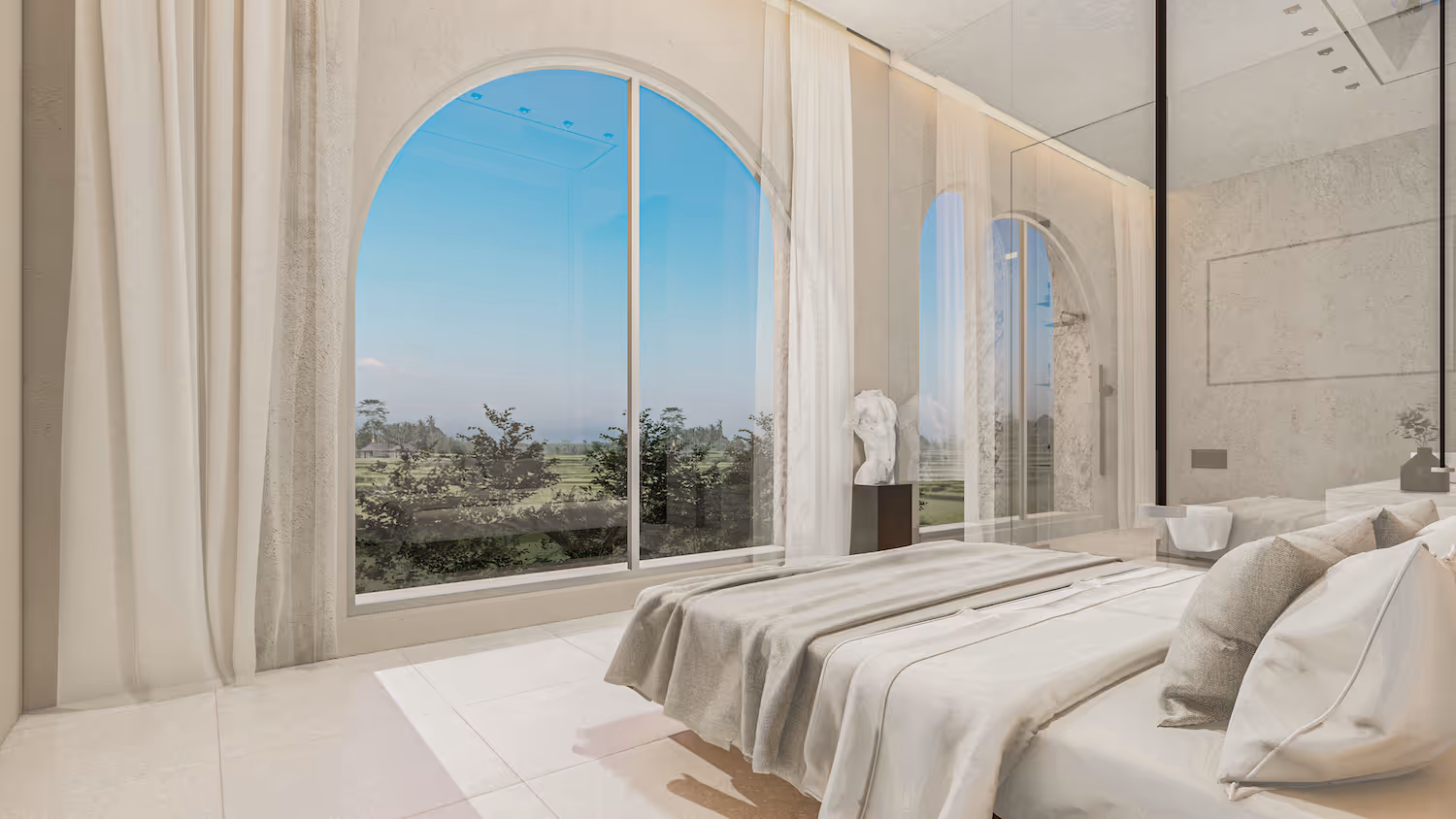 Bright modern bedroom with large arched window overlooking greenery, light curtains, and a bed with neutral bedding.