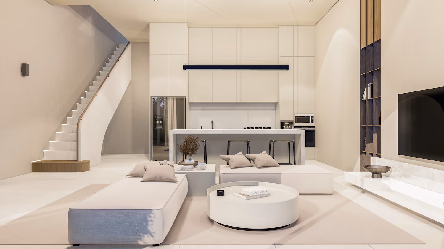 Modern open living room with white sectional sofa, round coffee table, kitchen island with bar stools, and minimalist staircase.