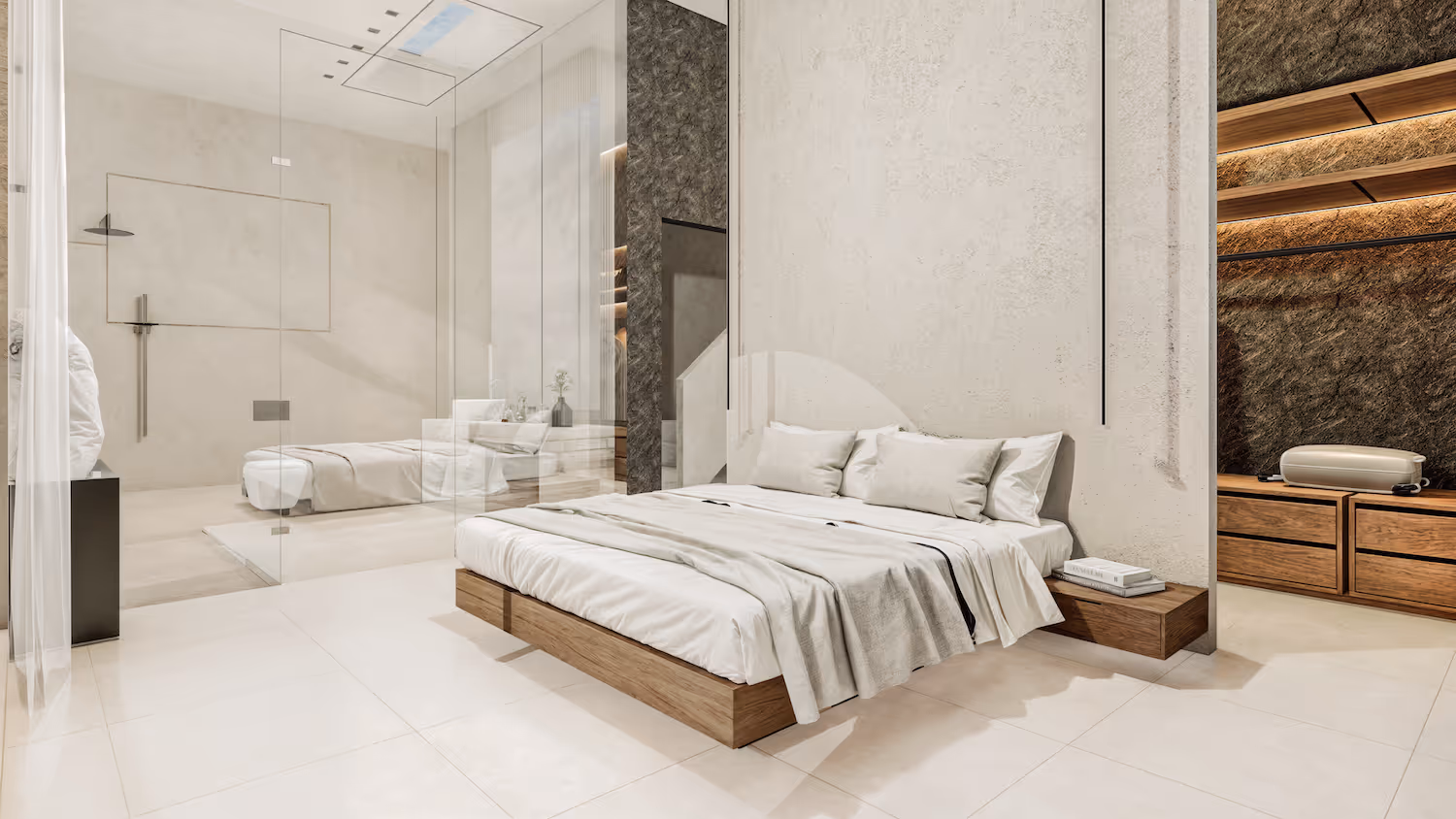 Minimalist modern bedroom with a low wooden bedframe, white bedding, built-in floating nightstand, and a glass-walled bathroom with a shower area.