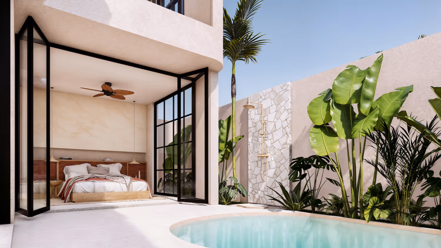 Modern bedroom with open glass doors leading to a patio with a swimming pool, outdoor shower, and tropical plants.