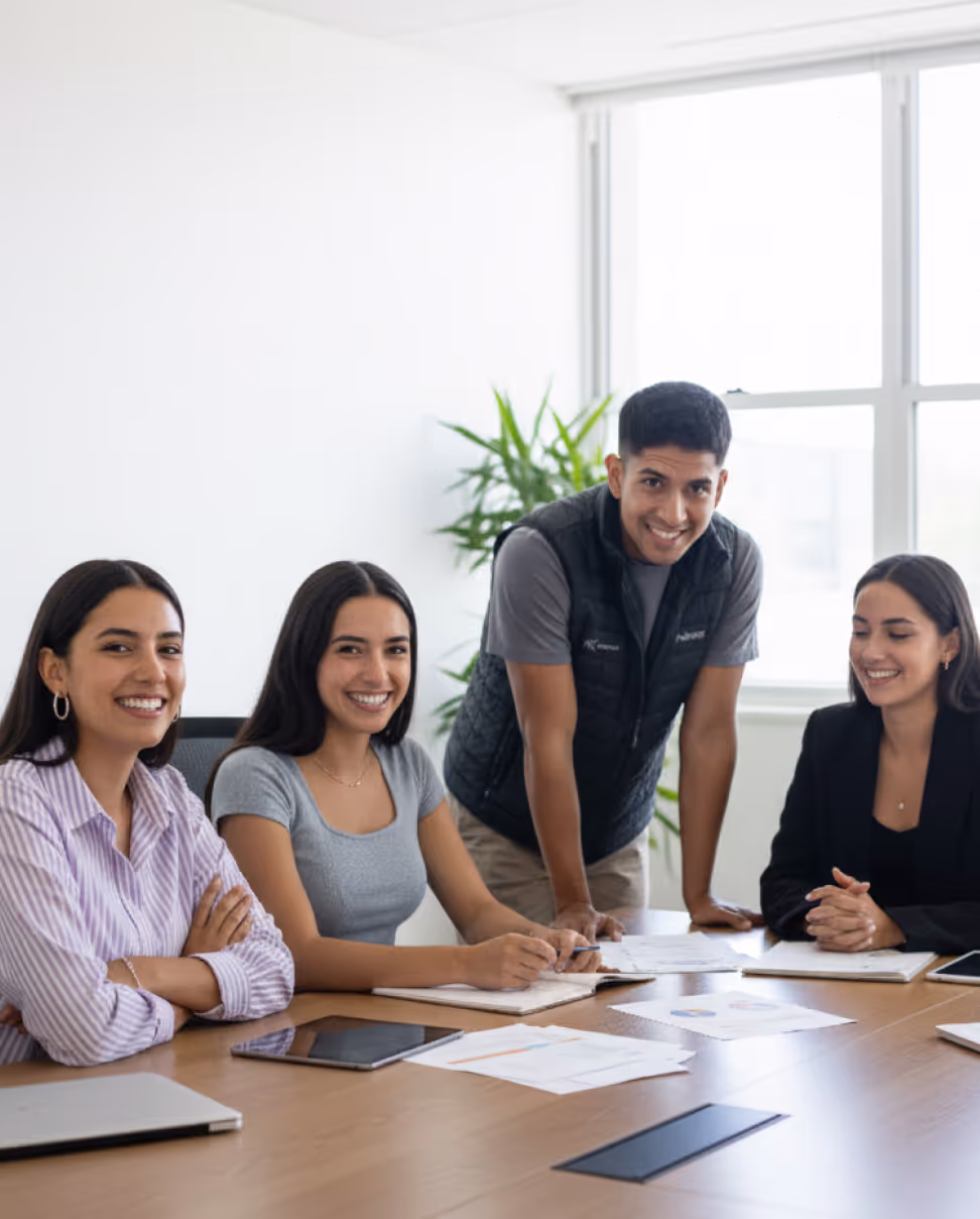 Cuatro personas sonriendo mientras trabajan