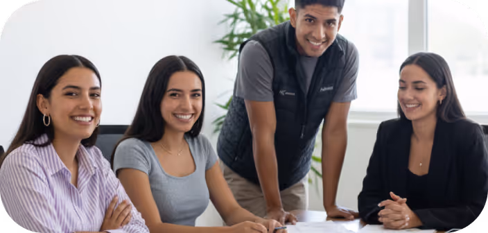Cuatro personas sonriendo en una reunión de alineamiento