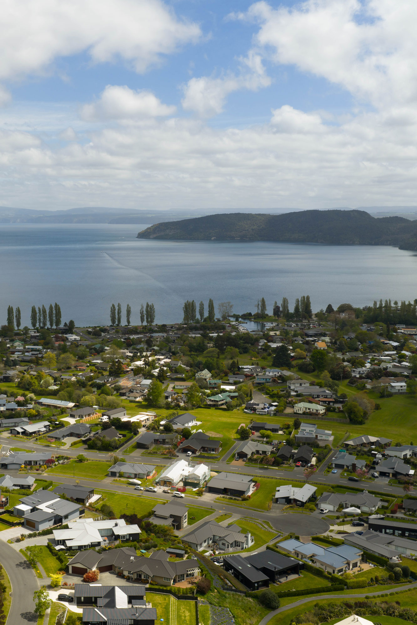 An aerial view over Kinloch village towards Lake Taupo.