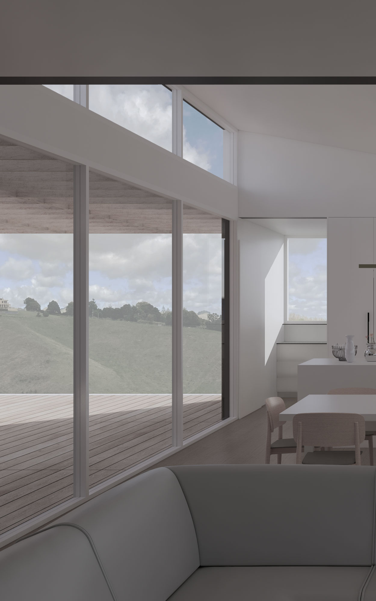 A rendered interior view looks through living spaces to the view of Te Mata Peak road beyond.