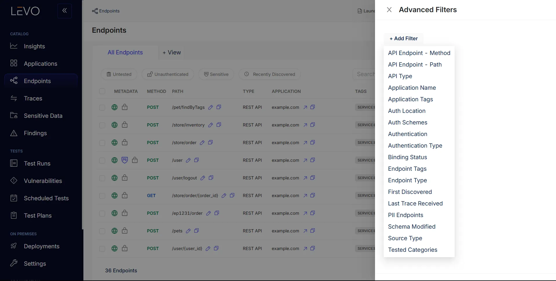 Levo interface showing API endpoints with method, path, and tags, alongside a filter menu with advanced filtering options like authentication type and application tags.