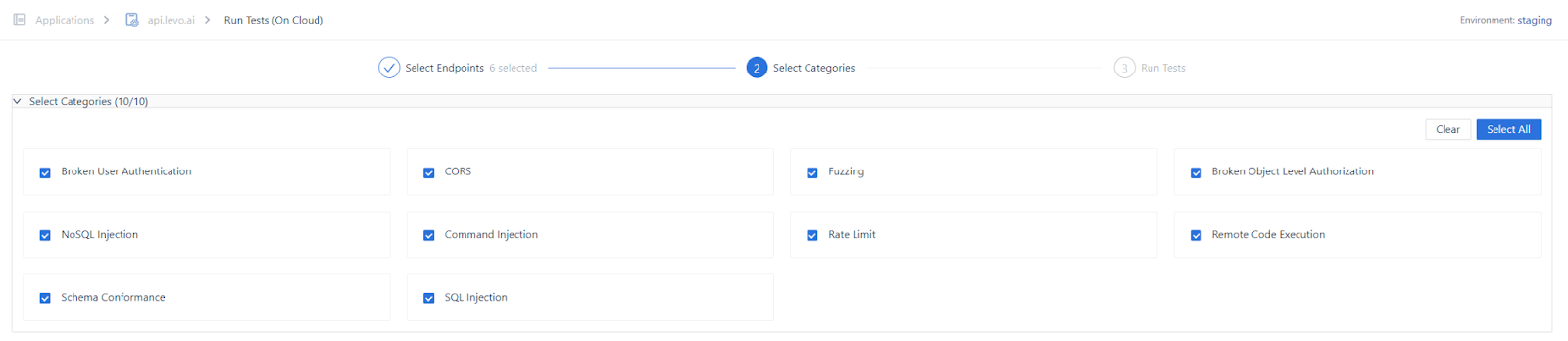 API Testing categories available in Levo.ai's continuous and automatic API Testing