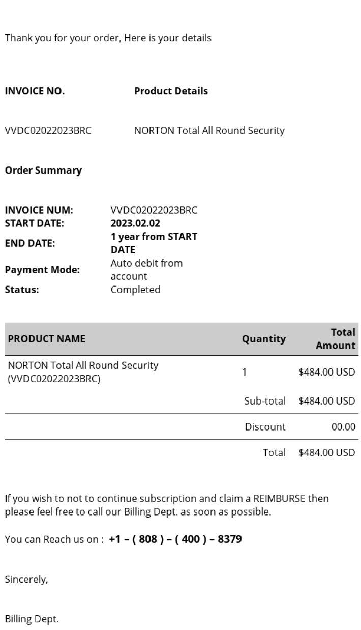 callback phishing email example
