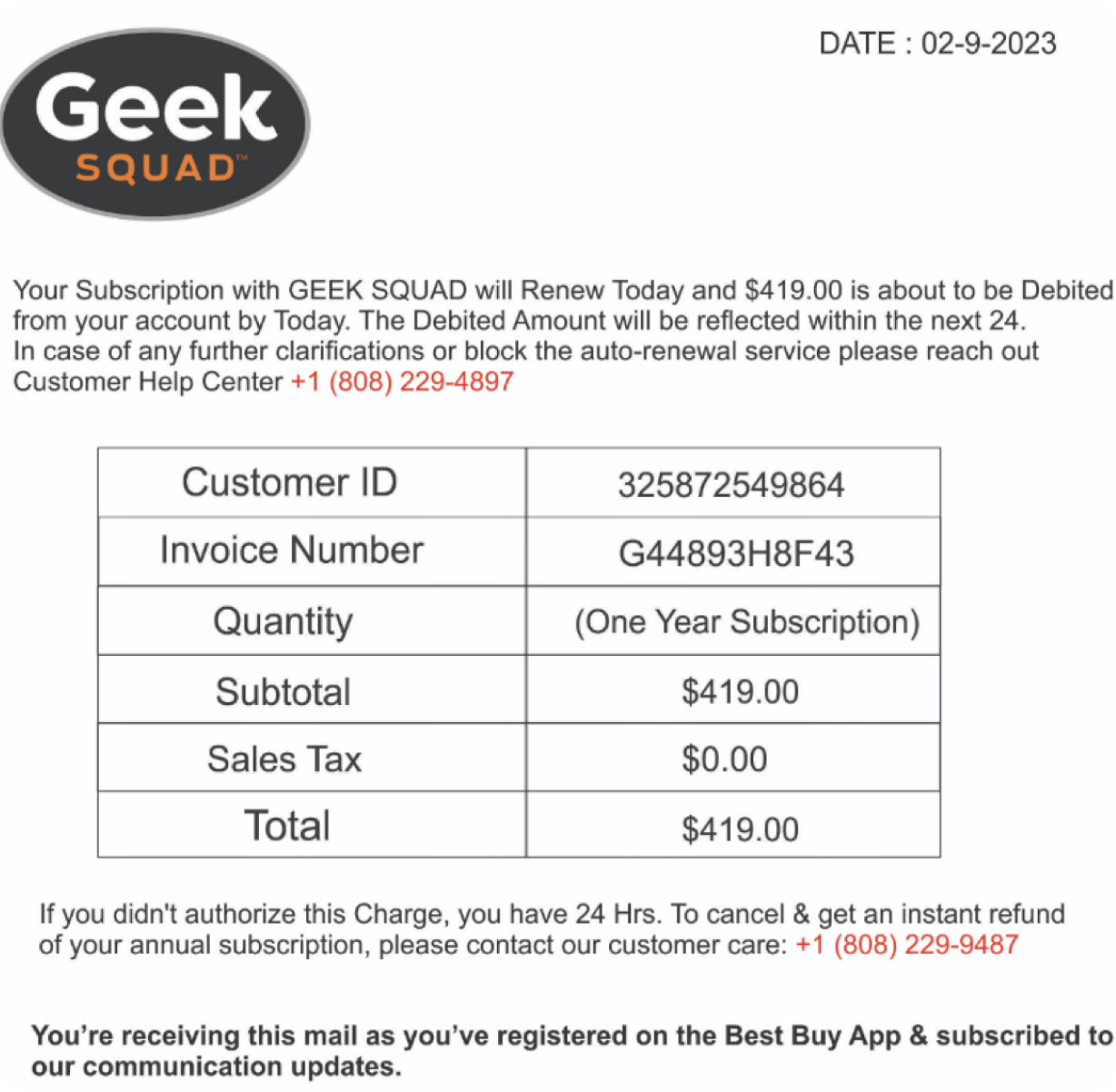 Callback phishing email example